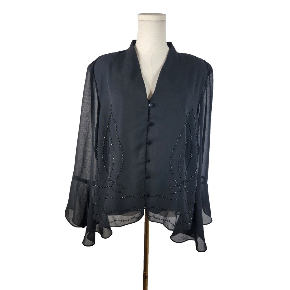 Periwinkle Brand Women's Blk 20W Beaded Top Jacket Vintage Sheer Bell Sleeves